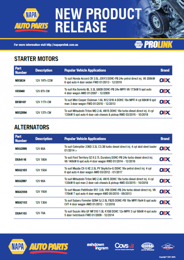 Starter Motors and Alternators NAPA