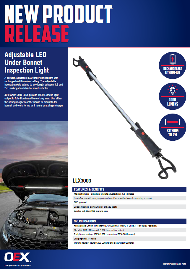 OEX Underbonnet LED Work Light, Extendable Length - LLX3003 - OEX