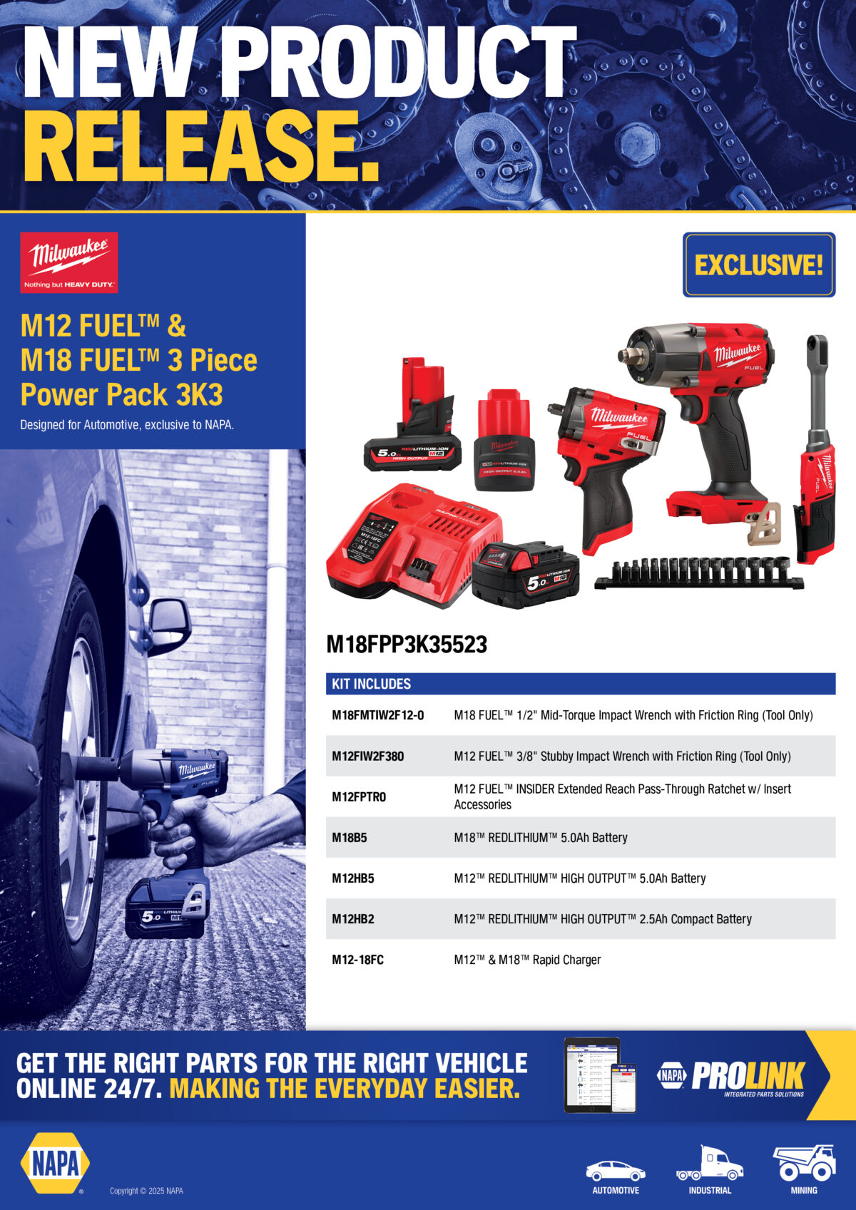 MILWAUKEE M12 FUEL™ & M18 FUEL™ 3 Piece Power Pack 3K3 M18FPP3K35523 NAPA